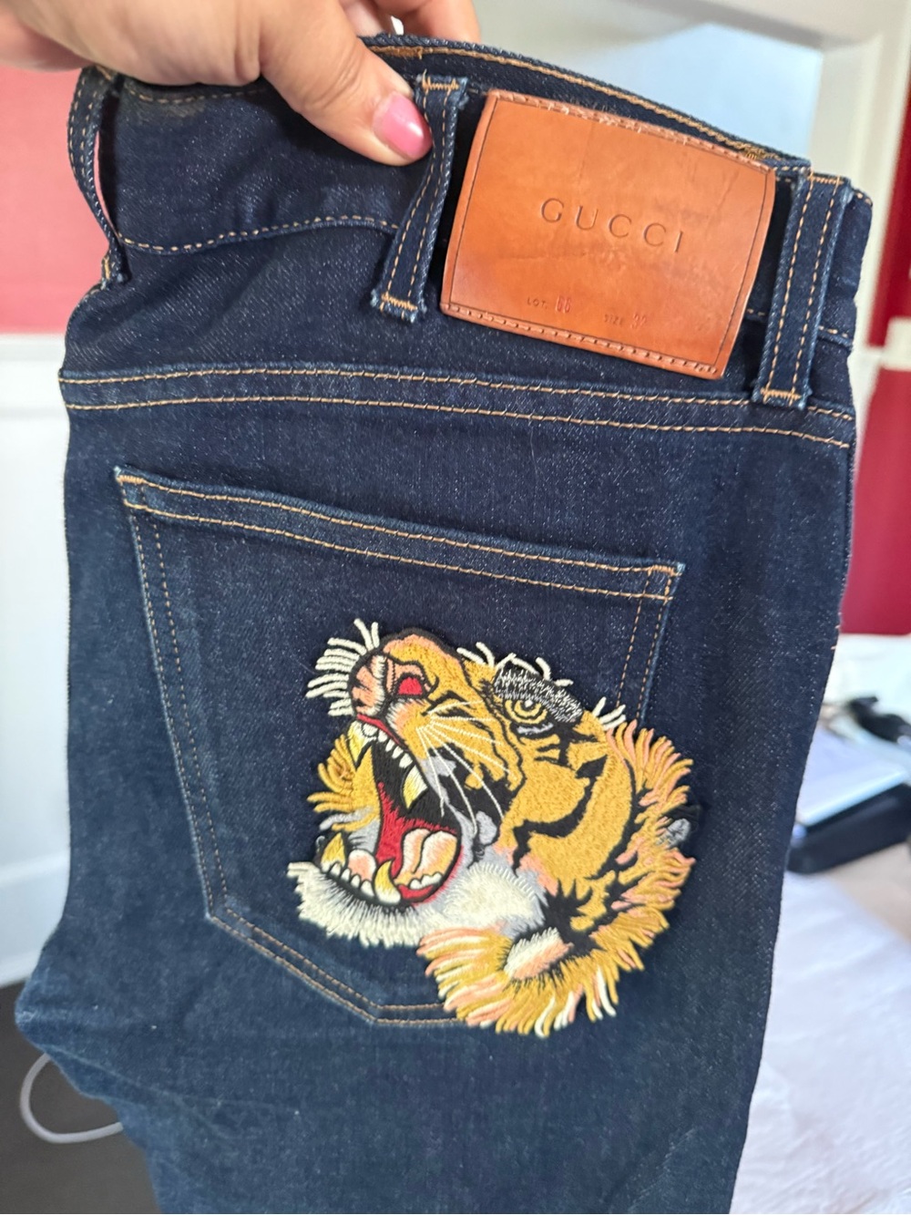 Gucci Men's Dark Blue Embroidered Tiger Jeans